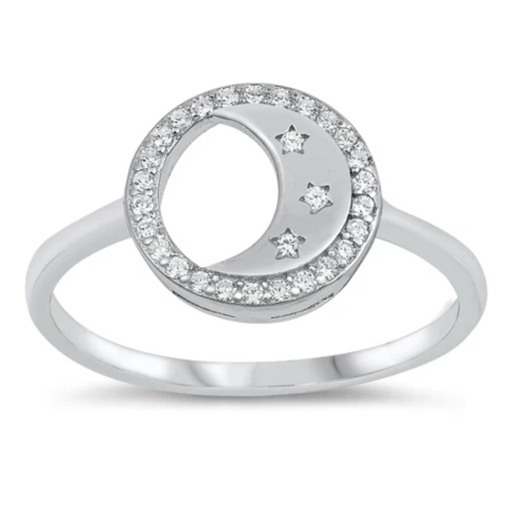Sterling Silver CZ Ring – Crescent Moon Design (Size 8)